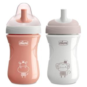 imageChicco Sport Spout Trainer with SemiFirm BiteResistant Spout and SpillFree Lid 9oz  TopRack Dishwasher Safe  Easy to Hold with Ergonomic Indents  CoralGrey 2pk  9 months